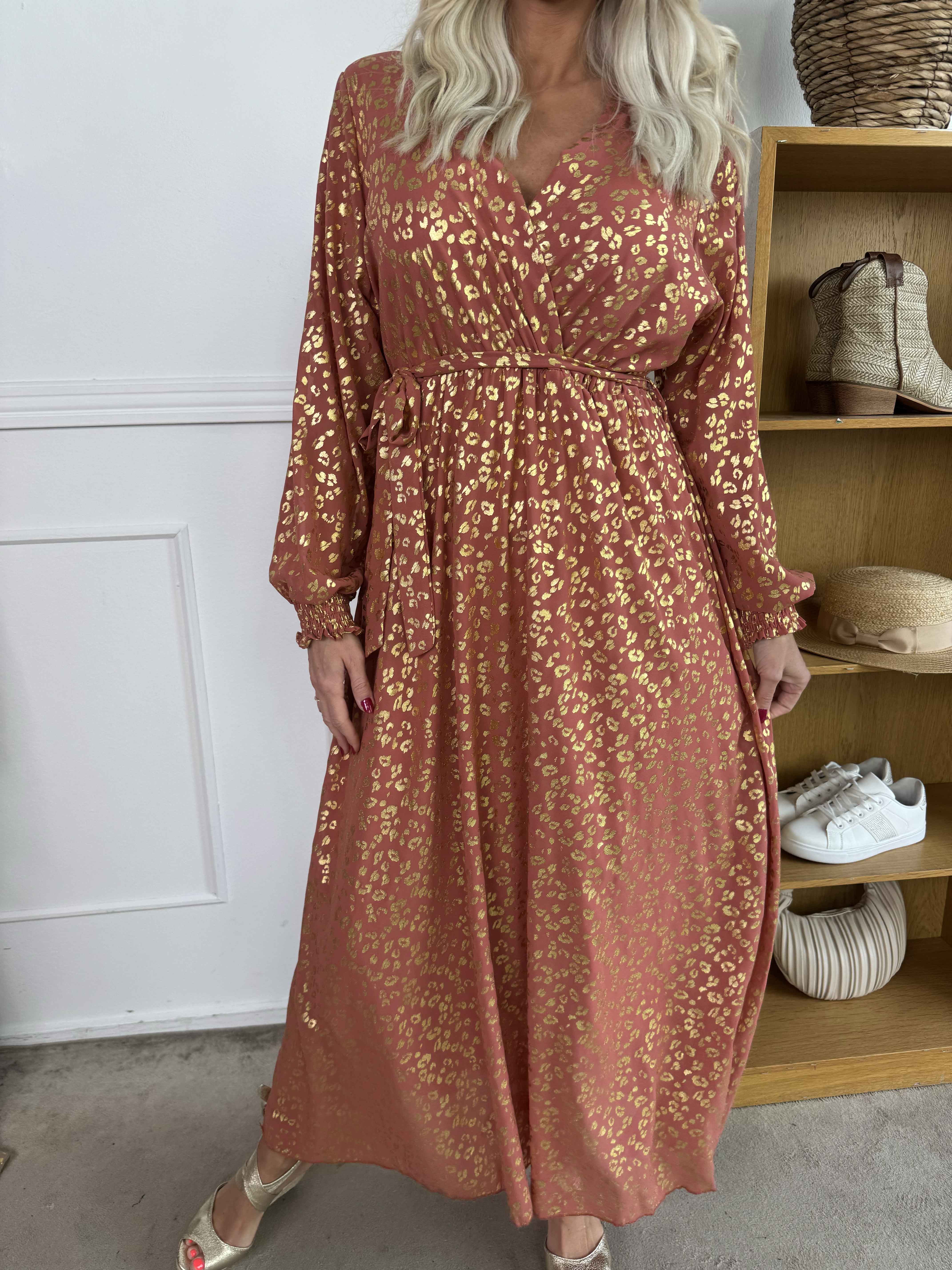 Tamas - Lang kjole med guld leopardprint